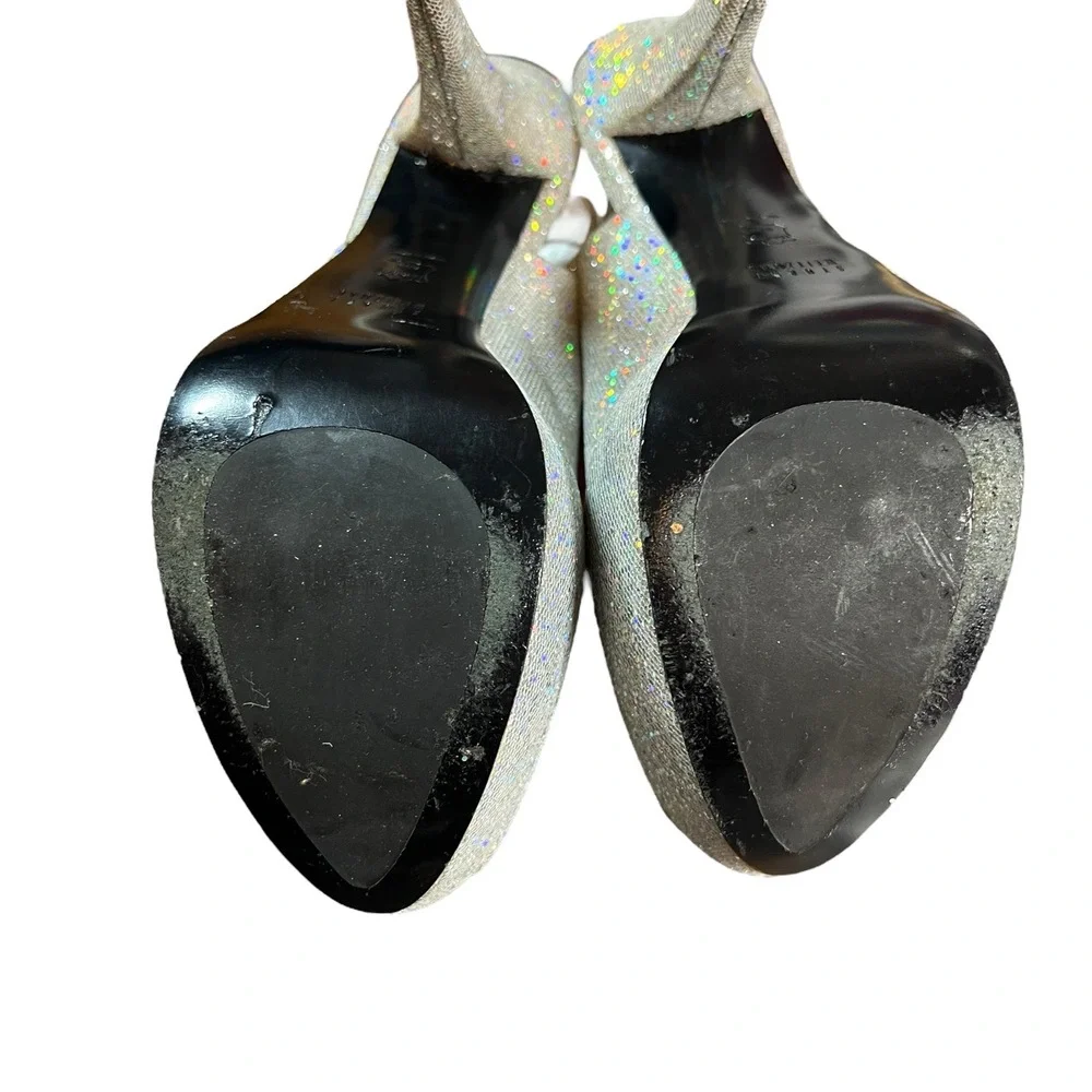 Stuart Weitzman Heels Silver Glitter Peep Toe Platform Slingback‎ US 10